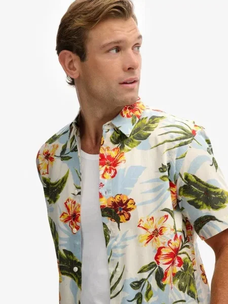 Superdry Koszula Hawaiian Printed Shirt z bawełny i modalu ALOHA SHADOW niebieska