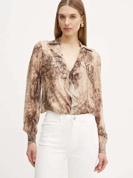 Блуза с коприна Guess SOAVE с десен бежово