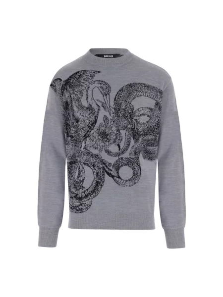 Sweter Just Cavalli wełniany z nadrukiem szary