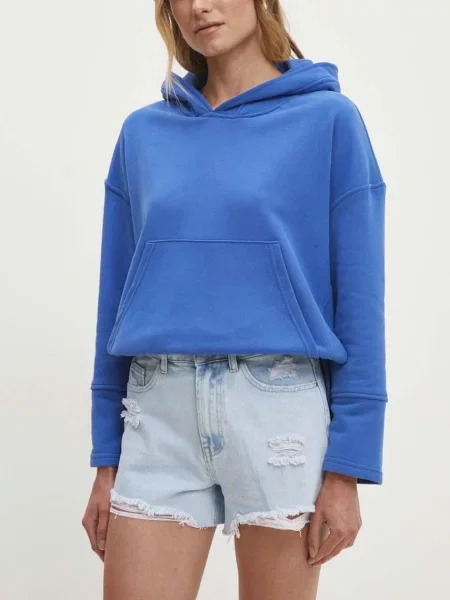 Дънков къс панталон Answear Lab с изчистен дизайн с висока талия синьо