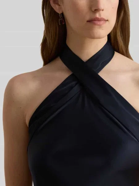 Zwiewna sukienka koktajlowa z wiązaniem na szyi do zawiązywania Lauren Ralph Lauren granatowa