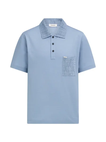 Tricou polo Ferragamo cu decolteu în V din jacard albastru