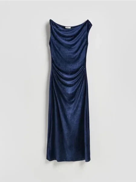 Reserved Welurowa sukienka maxi granatowy