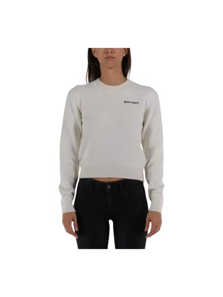 Haftowany sweter Palm Angels z wełny merino klasyczny biały