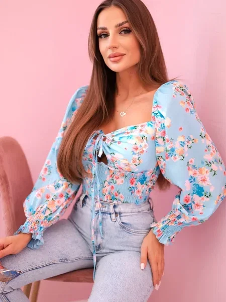 Дълго блуза Kesi Włoski на цветя с дълъг ръкав синьо