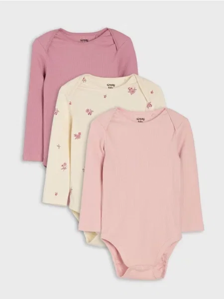 Sinsay body s dlouhým rukávem a květinovým motivem 3 pack krémová