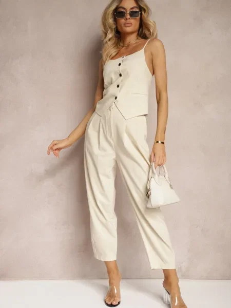 Pantaloni deschis Paper Bag Talie Înaltă Închidere cu Nestabella bej