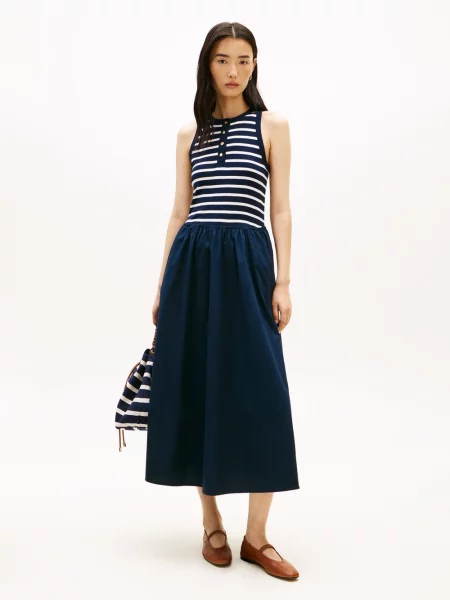 Sukienka Tommy Hilfiger Gold Button Poplin Mix Dress Breton Stripe Dark Night/ Ecru S niebieska