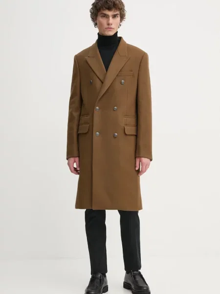 Шерстяное двубортное пальто The Kooples коричневое