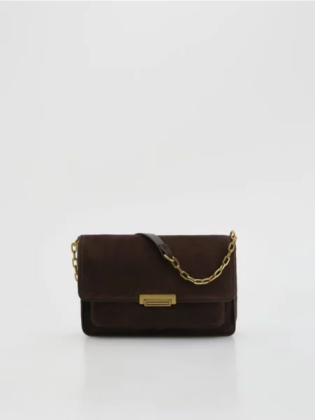 Reserved Geantă de umăr din piele întoarsă maro-închis maro