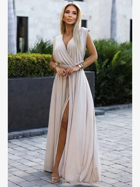 Rochie maxi Numoco eleganta lungă bej