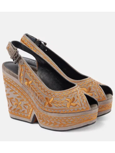 Sandale Clergerie cu broderie din piele de căprioară cu pană gri