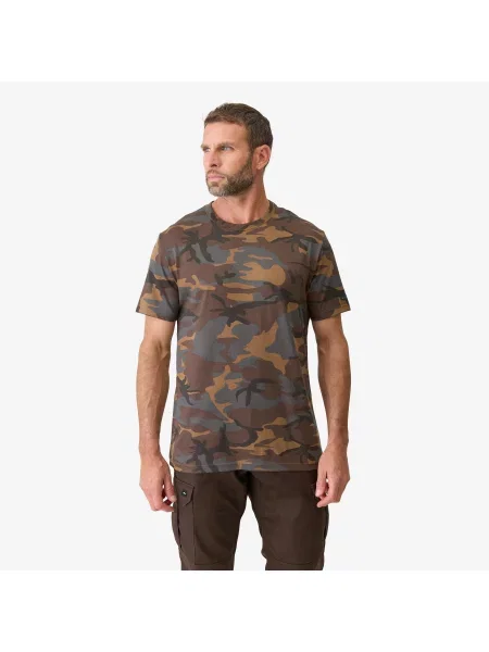 Koszulka outdoor z krótkim rękawem Solognac camo woodland zielona