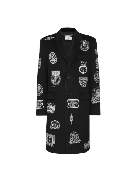 Długi płaszcz Philipp Plein wełniany z naszywkami czarny