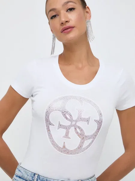 T-shirt z obszyciem z kamieni stras Guess biała