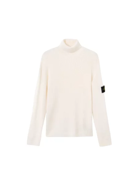 Sweter z golfem Stone Island wełniany w paski z kamieniami beżowy