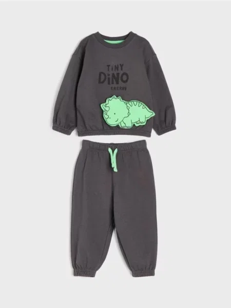 Sinsay Dvoudílný komplet: mikina s 3D dinosaurem a jogger kalhoty šedá