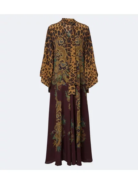 Rochie maxi Etro de mătase cu imagine cu model leopard maro