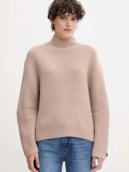 Пуловер с вълна Calvin Klein Jeans с ниско поло кафяво