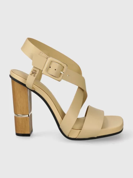 Кожени сандали Tommy Hilfiger HARDWARE BLOCK HIGH HEEL бежово