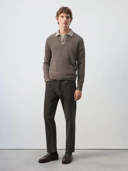 Sweter polo z dzianiny z mieszanki wełny i alpaki średni Mężczyzna M MANGO MAN brązowy