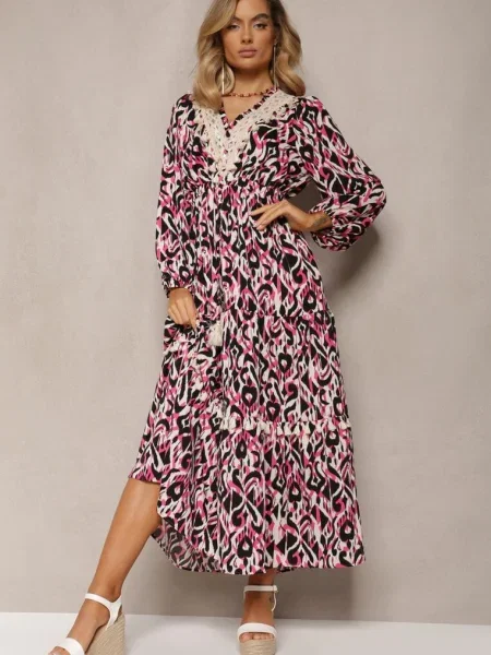 Rochie fuchsia evazată cu în talie și inserție ajurata Margotta roz