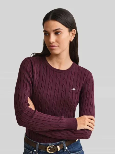 Sweter Gant Stretch Cotton Cable C-Neck Darkened Wine L czerwony