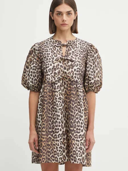 GANNI rochie din Printed Cotton Tie String Mini mini evazați maro