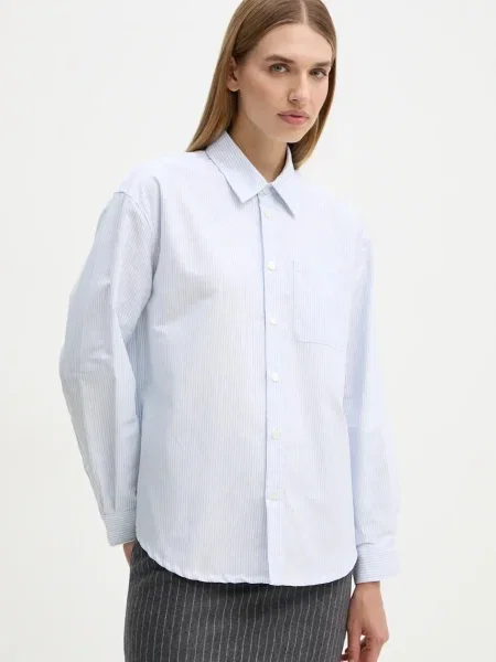 Риза A.P.C. chemise boyfriend logo дамска със свободна кройка с класическа яка синьо