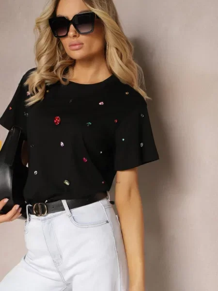 T-shirt z Cyrkoniami w Różnych Kolorach Varcia czarny