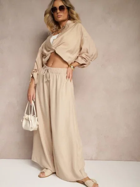 Szerokie Spodnie High Waist Ozdobione Wiązaniem Telonia beżowe