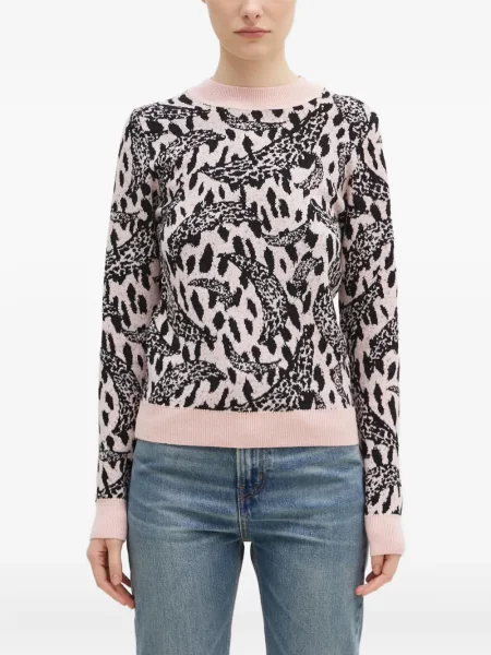 Pulover Fiorucci cu model leopard cu decolteu rotund din jacard roz