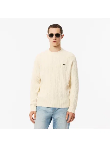 Lacoste Wełniany Sweter Warkoczowy Z Okrągłym Dekoltem Ecru biały
