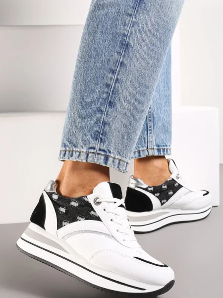 Biało-Czarne Sznurowane Sneakersy z Ekoskóry z Błyszczącymi Wstawkami Fiviara białe