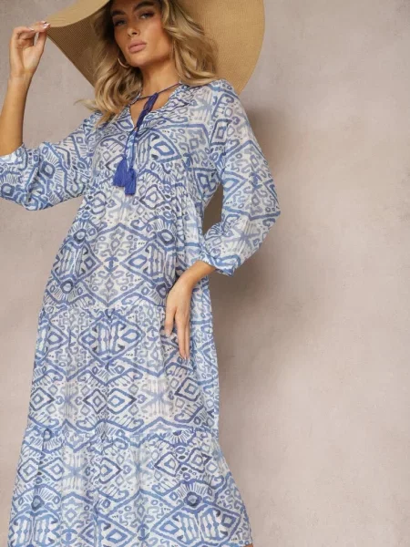 Boho Sukienka o Rozkloszowanym Kroju z Wiązaniem przy Dekolcie i Falbankami Dimasie niebieska