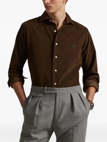 Satynowa koszula Polo Ralph Lauren w paski z nadrukiem brązowa