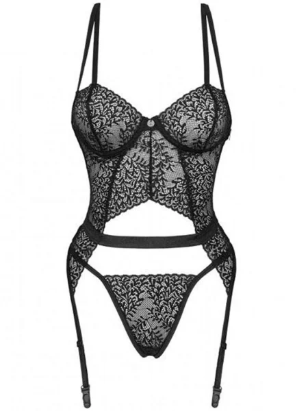 Кружевной корсет с пажами для чулок и трусики стринг Комплект_Obsessive_Yaskana_corset чорні