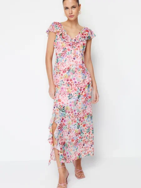 Sukienka maxi Trendyol szyfonowa w kwiatki biała