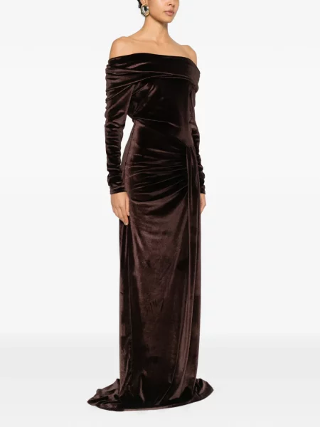Rochie maxi Miau By Clara Rotescu drapată de costum maro