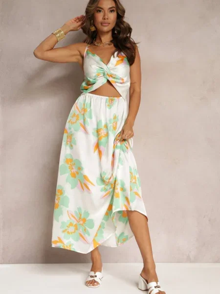 Rochie Maxi Alb-Verde cu Decolteu pe Abdomen și în Talie Rlice alb