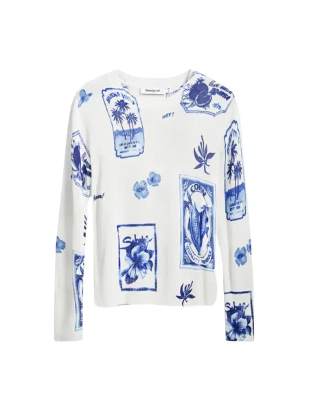 Desigual sweter z domieszką lnu TAMPERE biały lekki niebieski