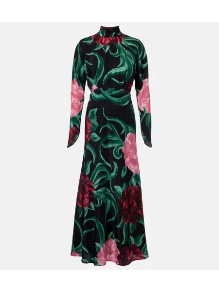 Jedwabna sukienka midi La Doublej w kwiatki do kolan czarna