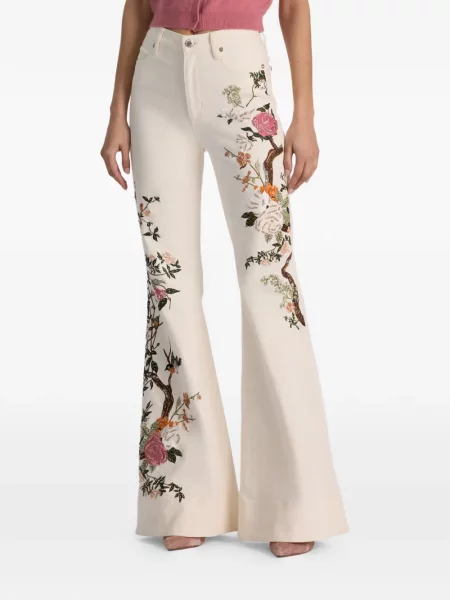 Blugi evazați Alice + Olivia cu broderie cu model floral evazate alb