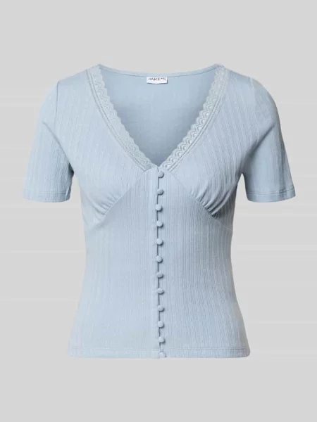 T-shirt z obszyciem koronką i listwą guzikową Jake*s Casual błękitna