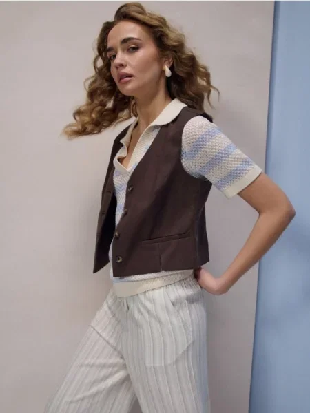 Жилет із домішкою та льону темно коричневий
