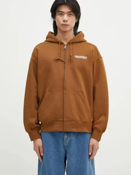 Kurtka Carhartt Wip z kapturem z nadrukiem brązowa