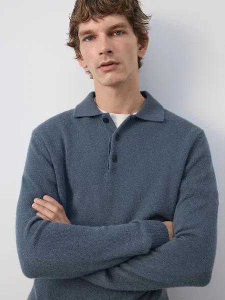 Sweter polo z mieszanki wełny i kaszmiru indygo Mężczyzna XXL MANGO MAN niebieski