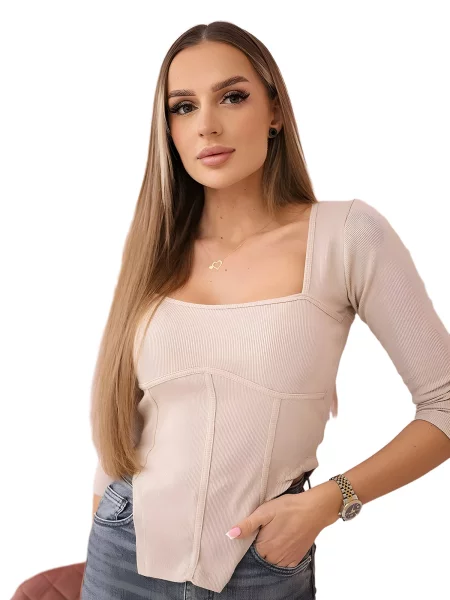 Žebrovaná halenka s výstřihem tmavě béžová