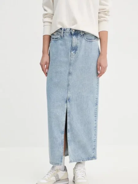 Дънкова пола Calvin Klein Jeans дълга със стандартна кройка синьо