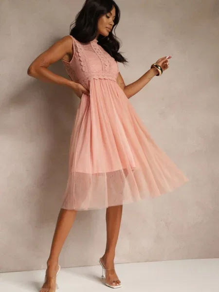 Ciemnoróżowa Koktajlowa Sukienka Midi z Koronkową Górą i Tiulowym Dołem Nebulia różowa